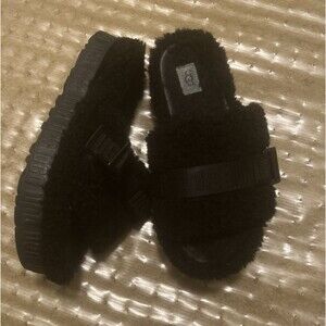 Ugg Fluffita Slide Slippers Womens 8 Black Sherpa Platform Slippers Shearling